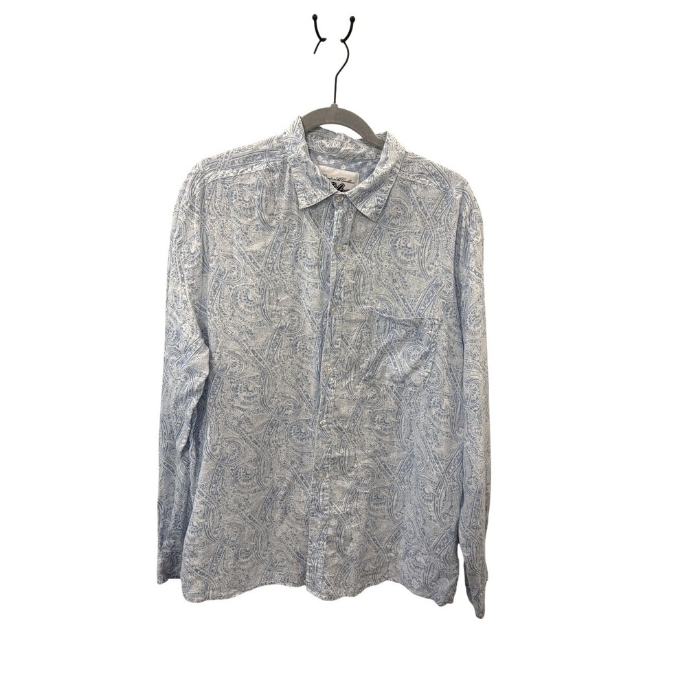 Hiho Men's Light Blue Paisley Casual Button-Down Shirt Soft Linen